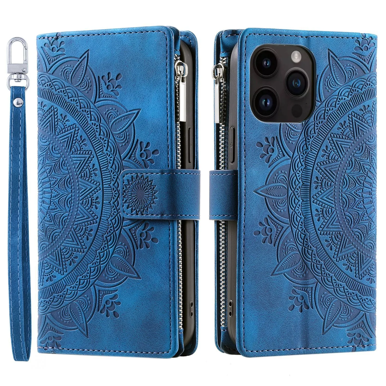 Faux leather card zipper phone case in purple with embossed texture and magnetic closure for iPhone 16
