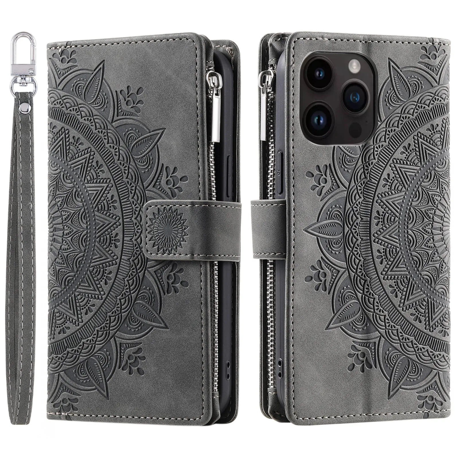Faux leather card zipper phone case in purple with embossed texture and magnetic closure for iPhone 16