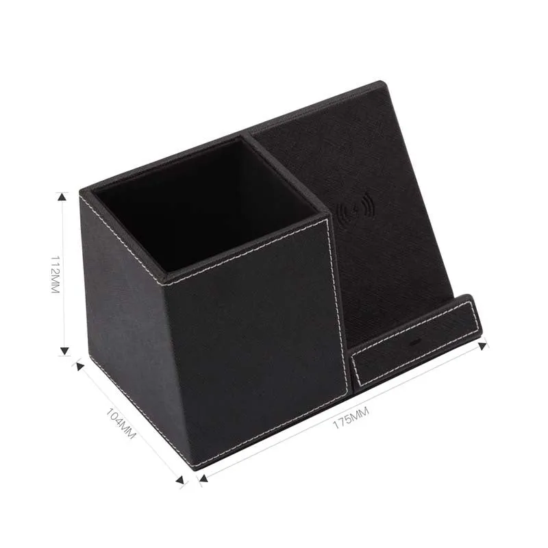 Black leather pen holder wireless charging station for desk organisation with phone charging surface