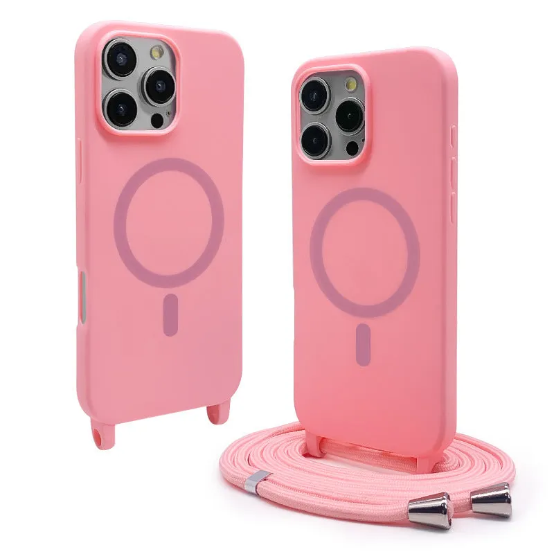 Black magnetic lanyard phone case for iPhone with frosted TPU finish and crossbody strap holder