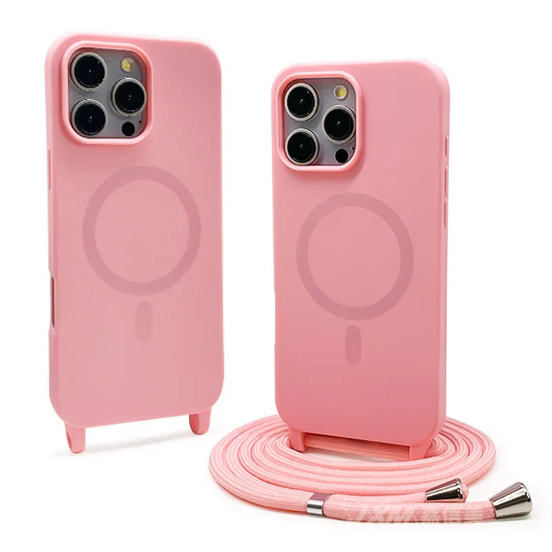 Black magnetic lanyard phone case for iPhone with frosted TPU finish and crossbody strap holder