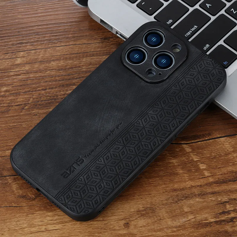 Imitation leather phone case with embossed pattern in blue for Apple iPhone, showing textured surface and cutouts