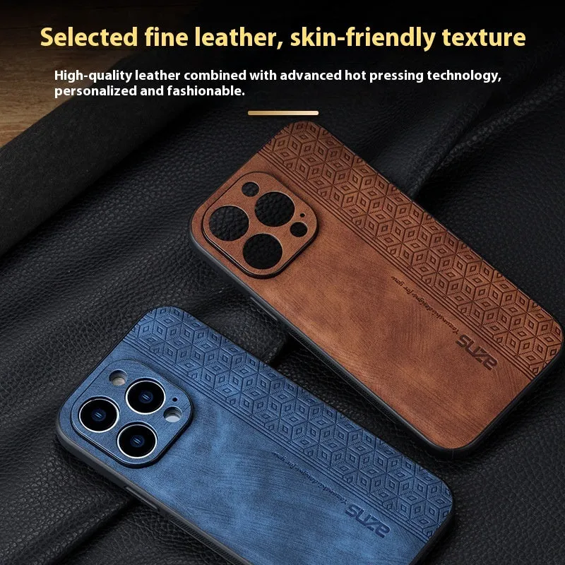 Imitation leather phone case with embossed pattern in blue for Apple iPhone, showing textured surface and cutouts