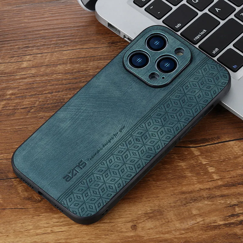 Imitation leather phone case with embossed pattern in blue for Apple iPhone, showing textured surface and cutouts