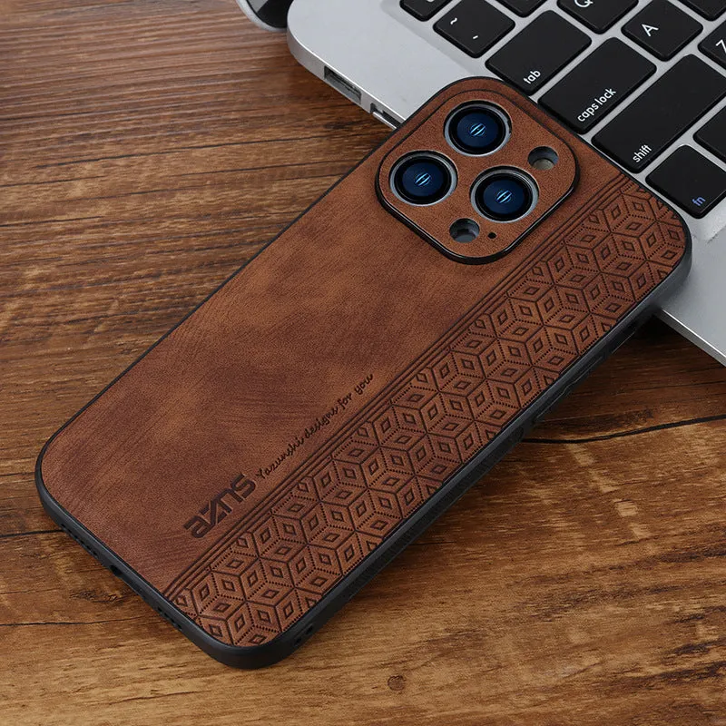 Imitation leather phone case with embossed pattern in blue for Apple iPhone, showing textured surface and cutouts