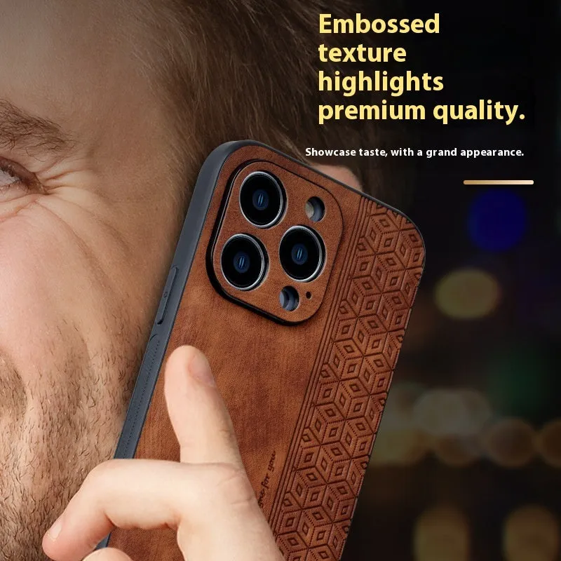 Imitation leather phone case with embossed pattern in blue for Apple iPhone, showing textured surface and cutouts