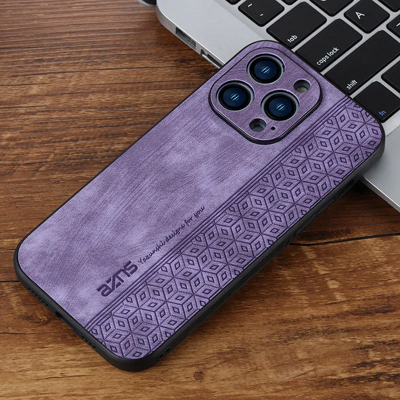 Imitation leather phone case with embossed pattern in blue for Apple iPhone, showing textured surface and cutouts