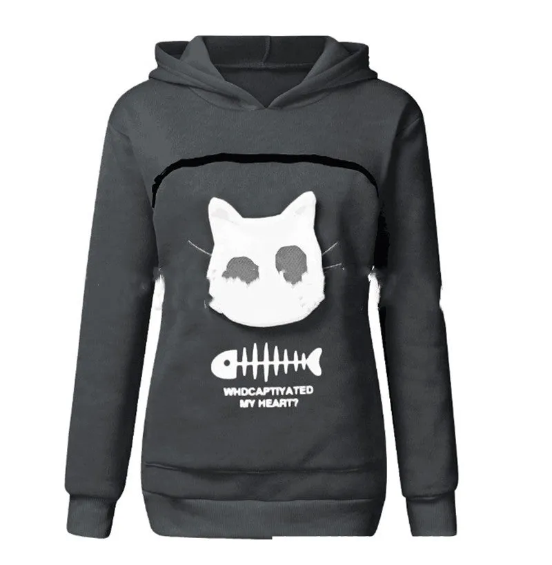 Women hoodie sweatshirt with cat pet pocket design, long sleeve cotton sweater in beige colour