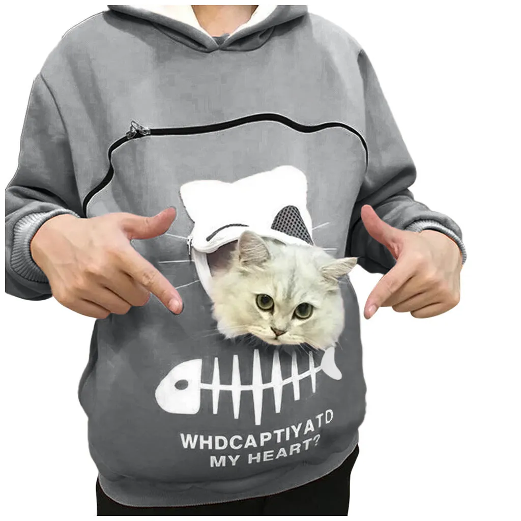 Women hoodie sweatshirt with cat pet pocket design, long sleeve cotton sweater in beige colour