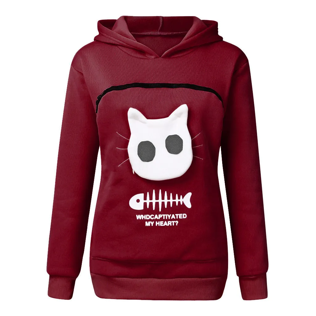 Women hoodie sweatshirt with cat pet pocket design, long sleeve cotton sweater in beige colour