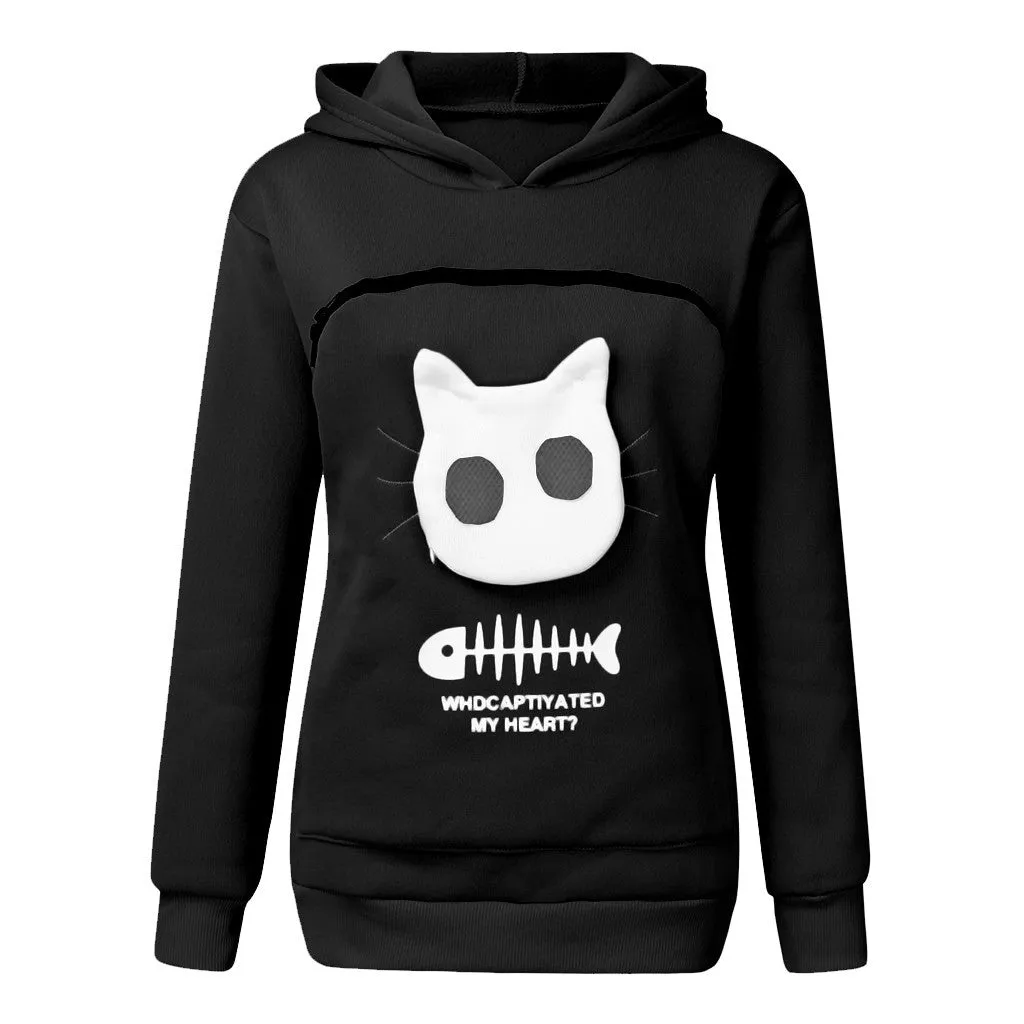 Women hoodie sweatshirt with cat pet pocket design, long sleeve cotton sweater in beige colour