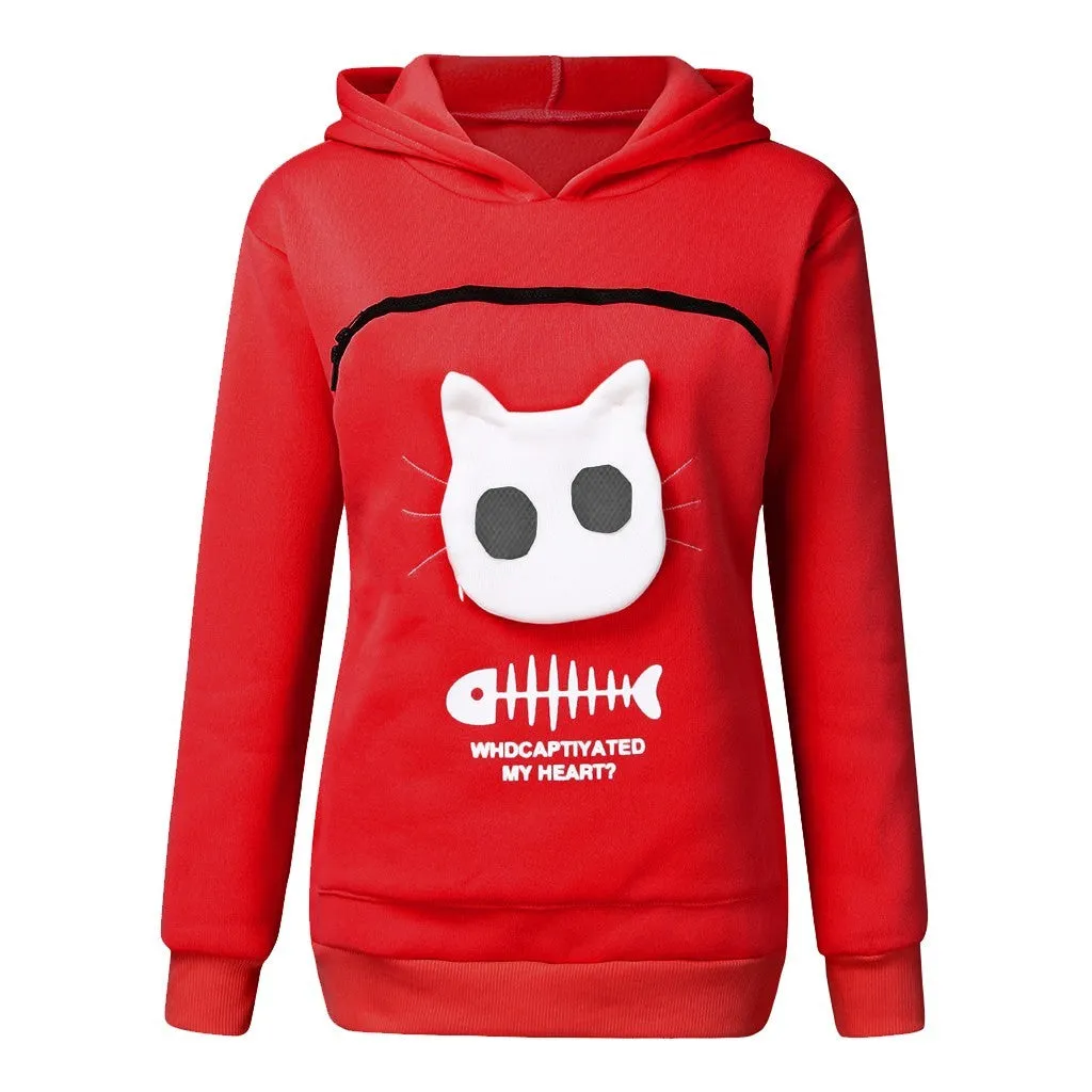 Women hoodie sweatshirt with cat pet pocket design, long sleeve cotton sweater in beige colour
