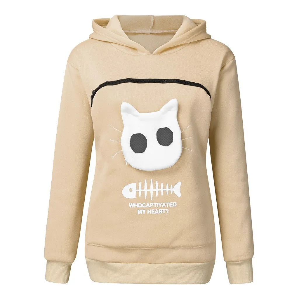Women hoodie sweatshirt with cat pet pocket design, long sleeve cotton sweater in beige colour
