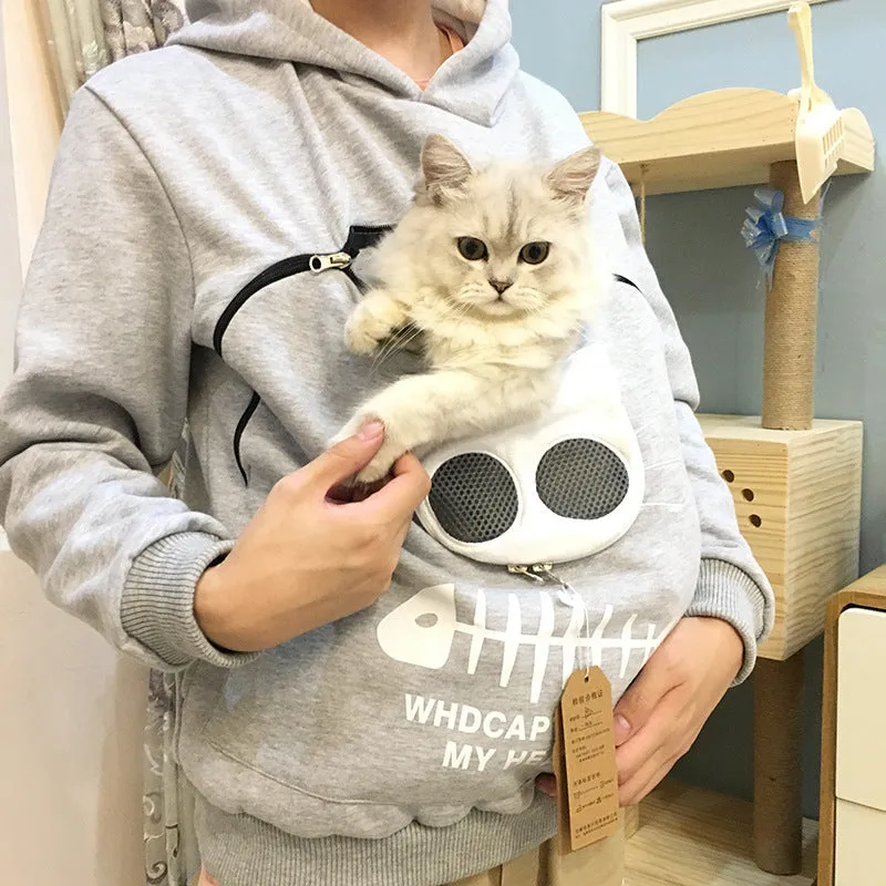 Women hoodie sweatshirt with cat pet pocket design, long sleeve cotton sweater in beige colour
