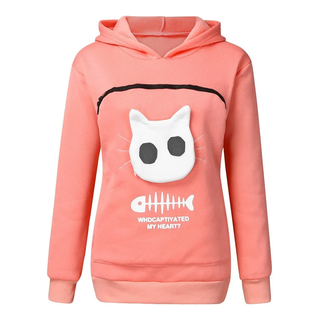Women hoodie sweatshirt with cat pet pocket design, long sleeve cotton sweater in beige colour