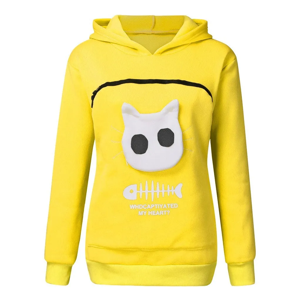 Women hoodie sweatshirt with cat pet pocket design, long sleeve cotton sweater in beige colour