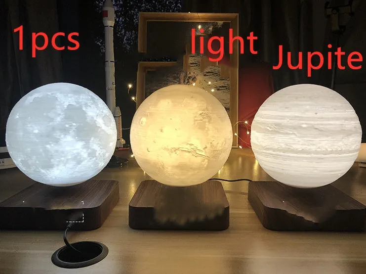 Magnetic levitation moon night light with 14cm 3D-printed planet suspended above a dark peach wood base
