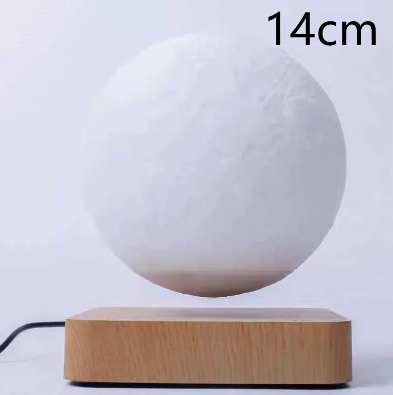 Magnetic levitation moon night light with 14cm 3D-printed planet suspended above a dark peach wood base