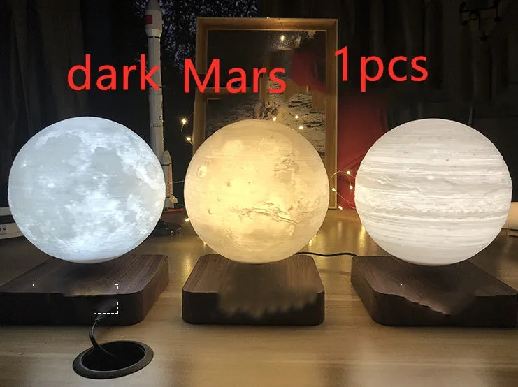 Magnetic levitation moon night light with 14cm 3D-printed planet suspended above a dark peach wood base