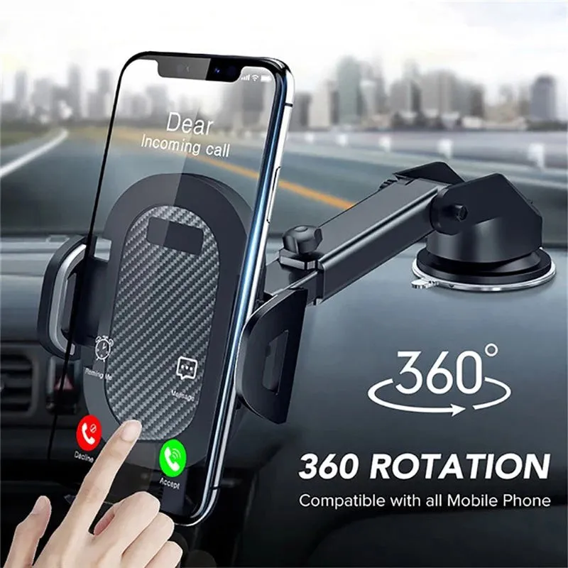Black car dashboard phone holder with adjustable clip for smartphones 4-7 inches wide