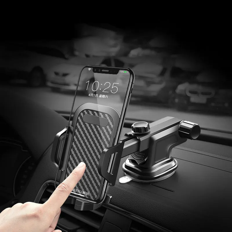 Black car dashboard phone holder with adjustable clip for smartphones 4-7 inches wide