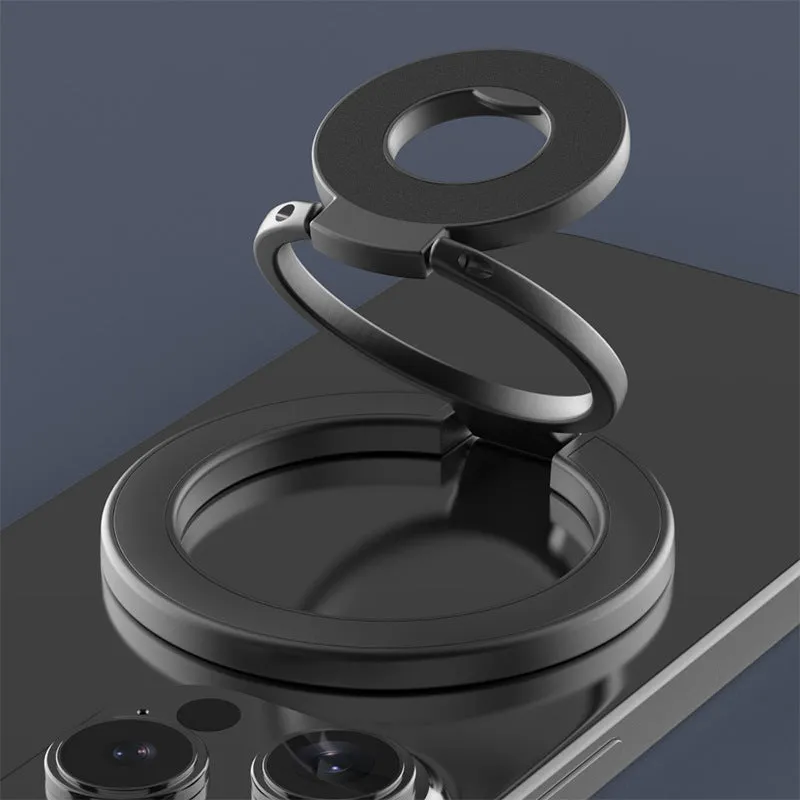 Double ring magnetic phone holder in cool black with alloy construction and strong magnetic force
