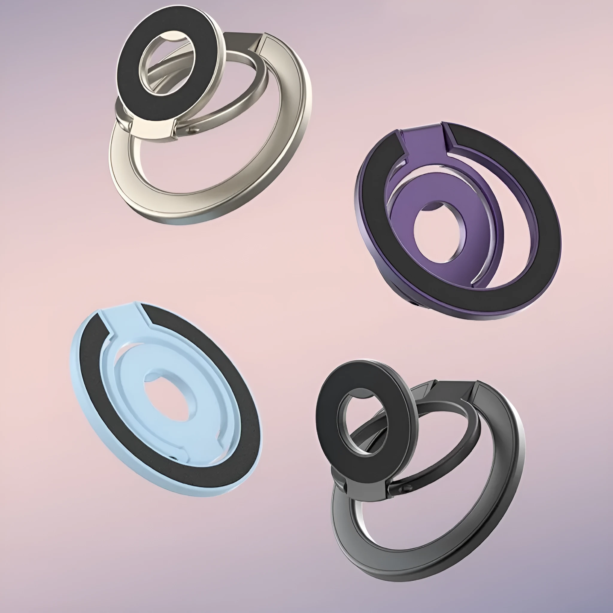Double ring magnetic phone holder in cool black with alloy construction and strong magnetic force