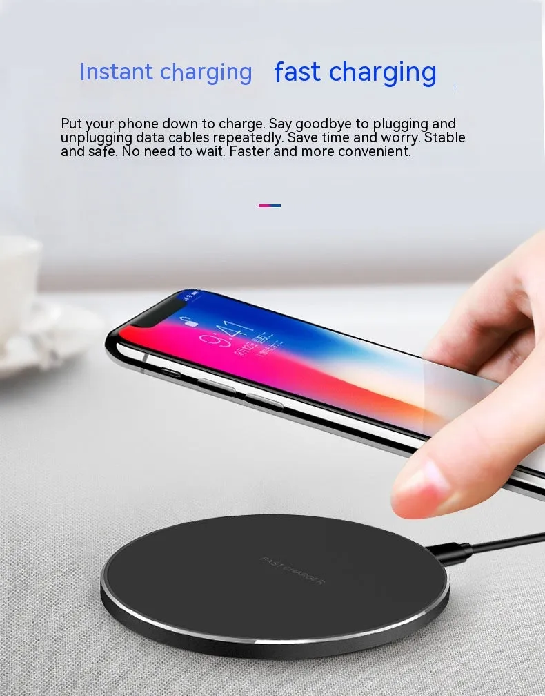 Aluminium alloy Qi wireless phone charger disc, 100mm diameter, 6mm thick, in black with rubber oil surface