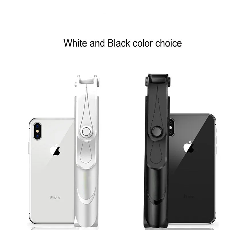Bluetooth handheld selfie stick with wireless remote control in black and white, folded for portability