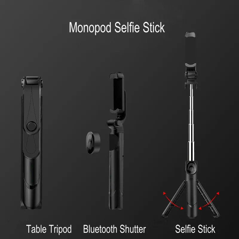 Bluetooth handheld selfie stick with wireless remote control in black and white, folded for portability