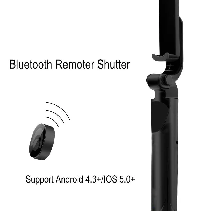 Bluetooth handheld selfie stick with wireless remote control in black and white, folded for portability
