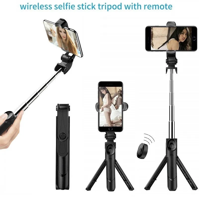 Bluetooth handheld selfie stick with wireless remote control in black and white, folded for portability