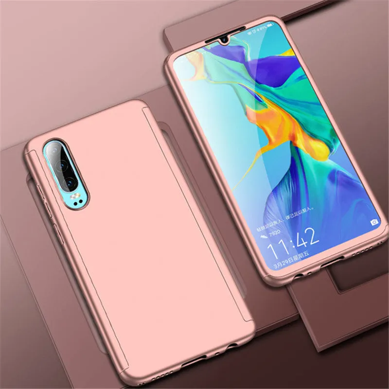 Full cover hard PC phone case for Huawei with tempered film, solid colour back