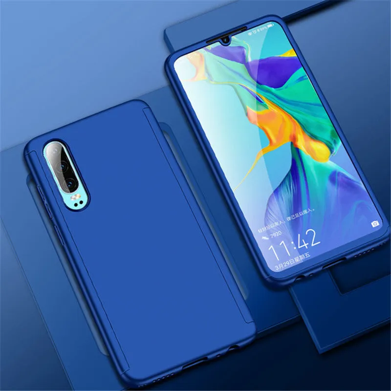 Full cover hard PC phone case for Huawei with tempered film, solid colour back