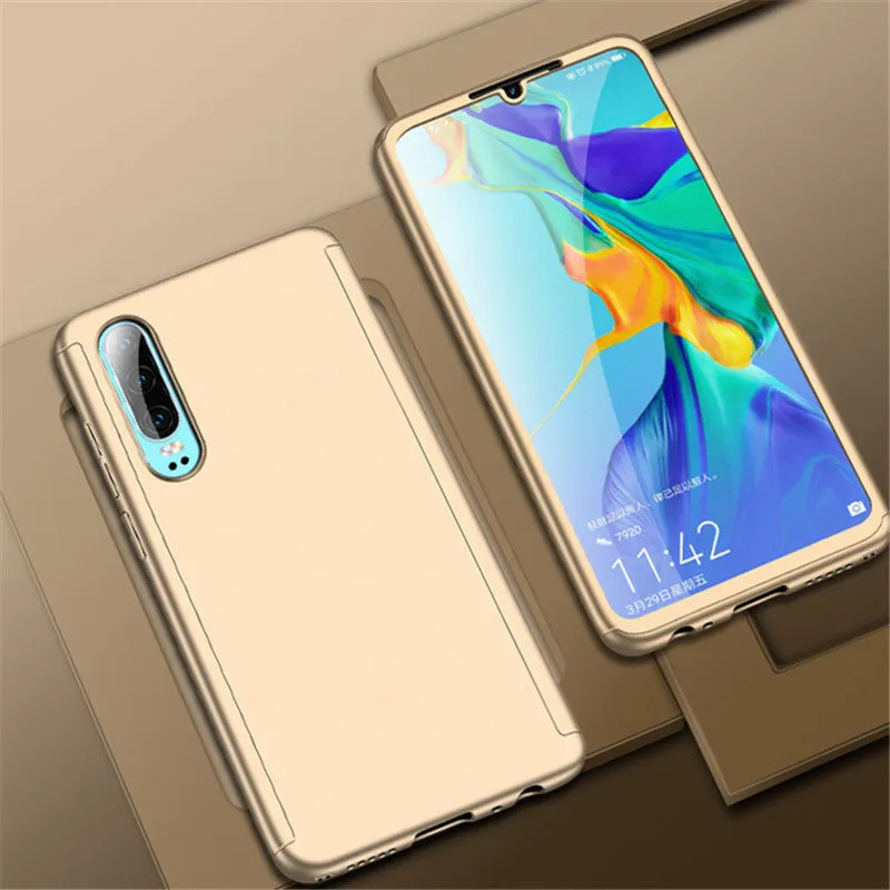 Full cover hard PC phone case for Huawei with tempered film, solid colour back