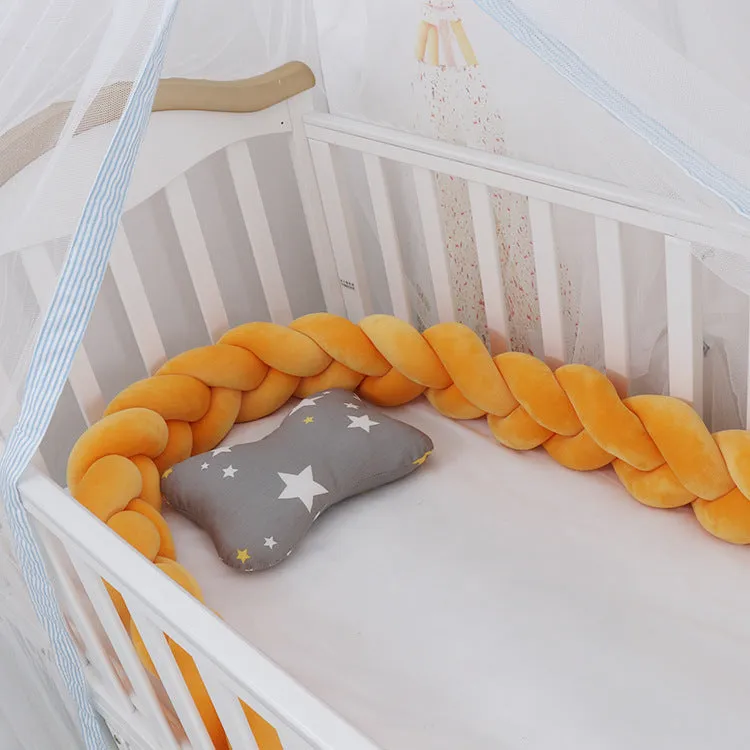 Baby crib bumper with braid knot design in spandex velvet, showing adjustable length protection around crib rails