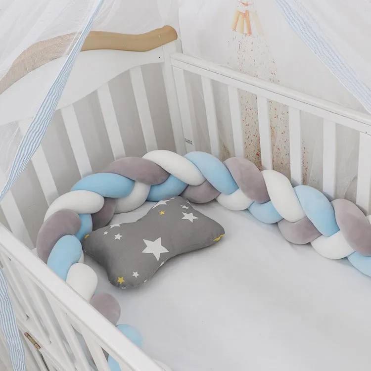 Baby crib bumper with braid knot design in spandex velvet, showing adjustable length protection around crib rails
