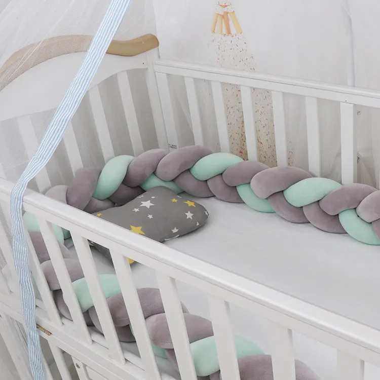 Baby crib bumper with braid knot design in spandex velvet, showing adjustable length protection around crib rails