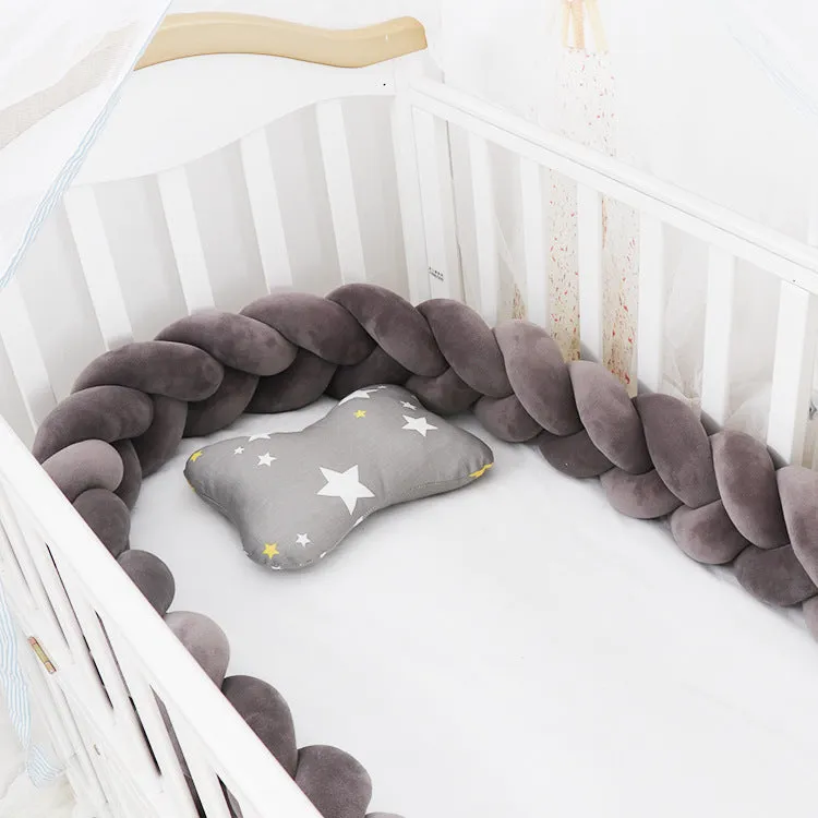 Baby crib bumper with braid knot design in spandex velvet, showing adjustable length protection around crib rails