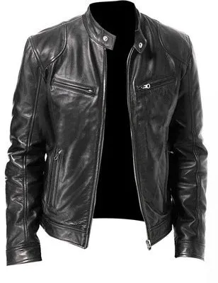 PU leather jacket slim fit zipper front medium length in Black Brown Khaki