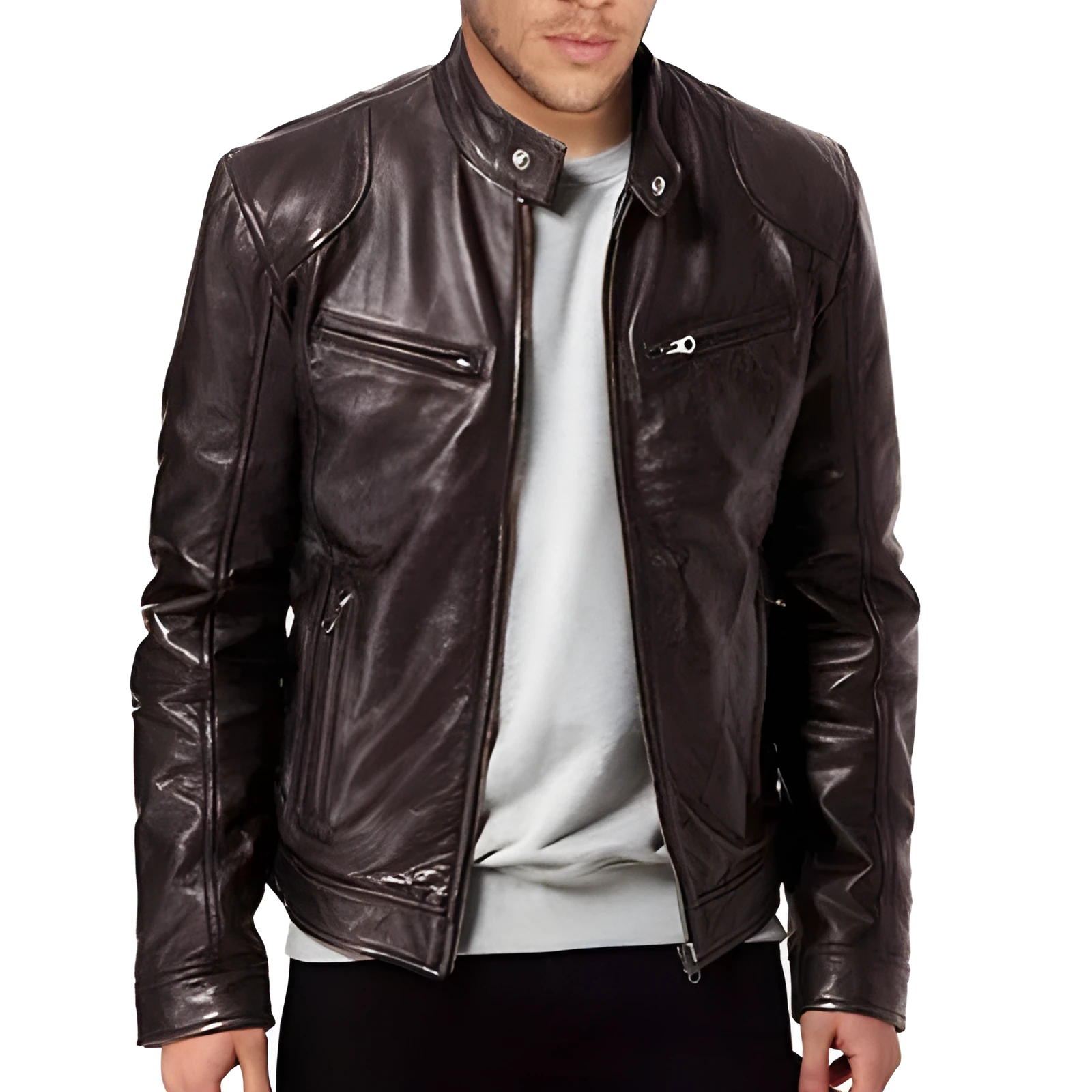 PU leather jacket slim fit zipper front medium length in Black Brown Khaki