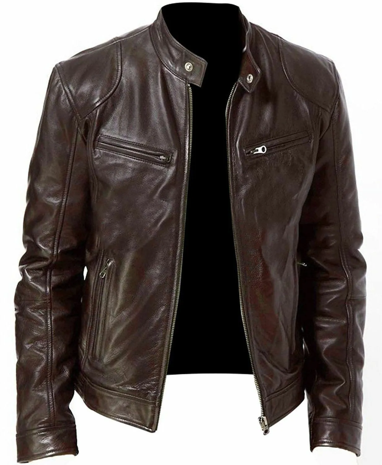 PU leather jacket slim fit zipper front medium length in Black Brown Khaki