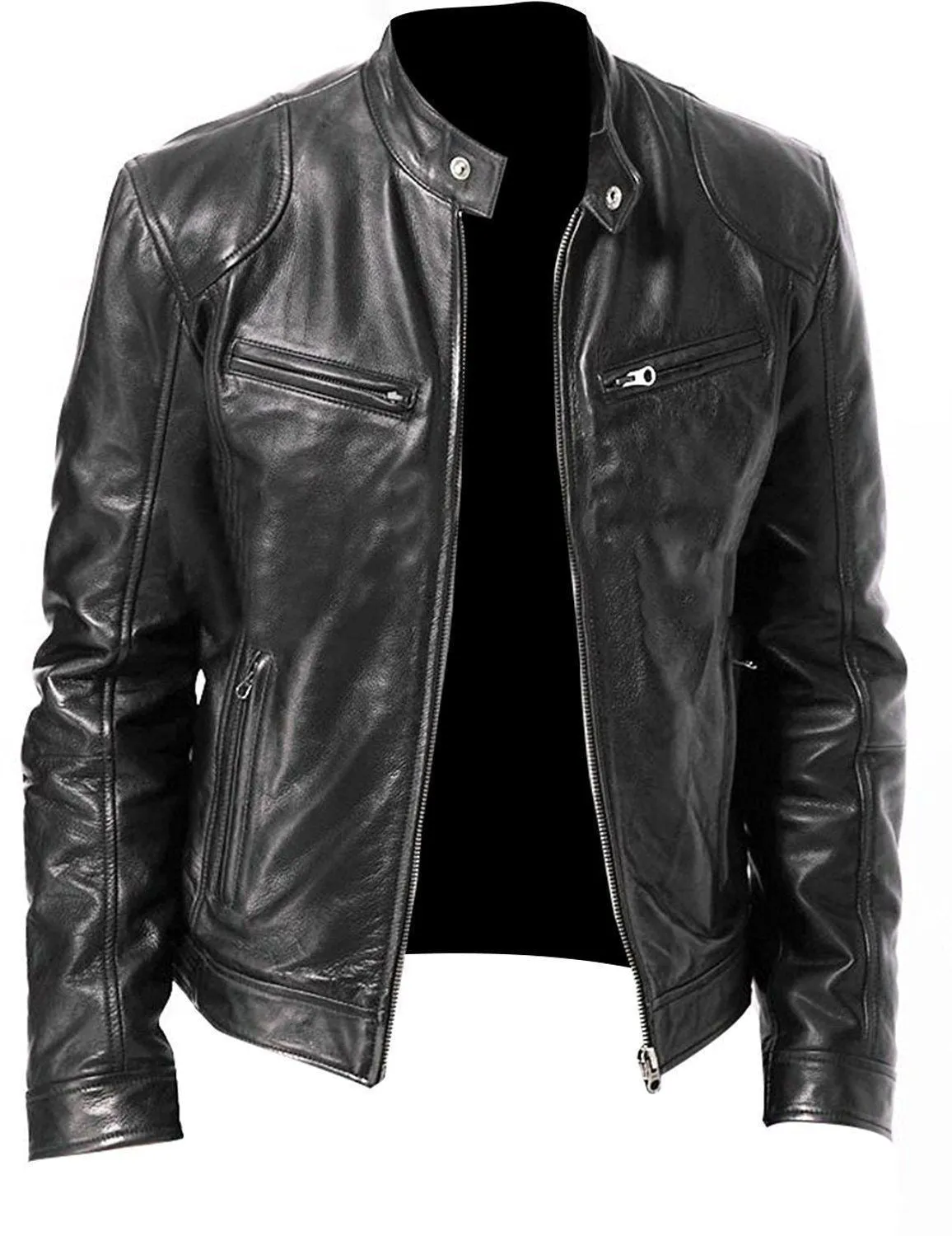 PU leather jacket slim fit zipper front medium length in Black Brown Khaki