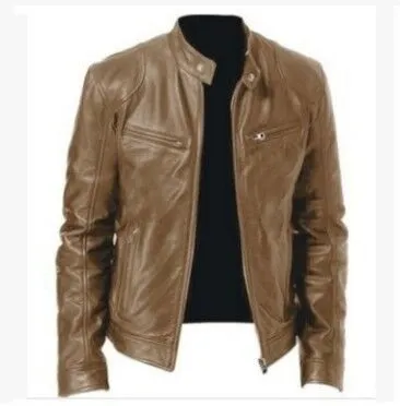 PU leather jacket slim fit zipper front medium length in Black Brown Khaki