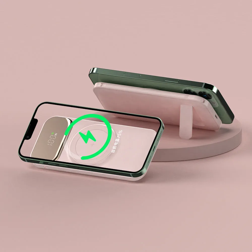 Magnetic portable wireless charging power supply 10000mAh in pink with silicone and ABS shell