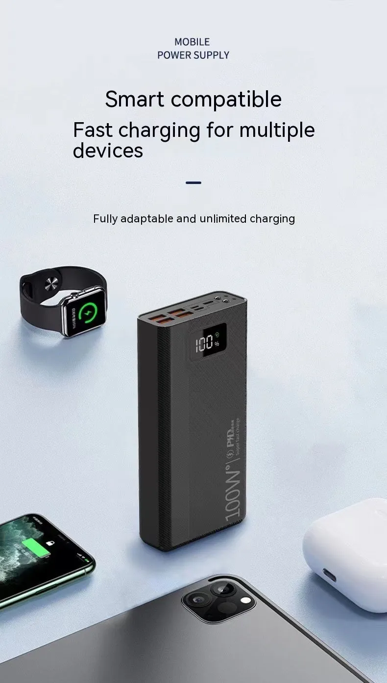 Black and white large capacity power bank showing front view with dimensions 150mm by 76mm