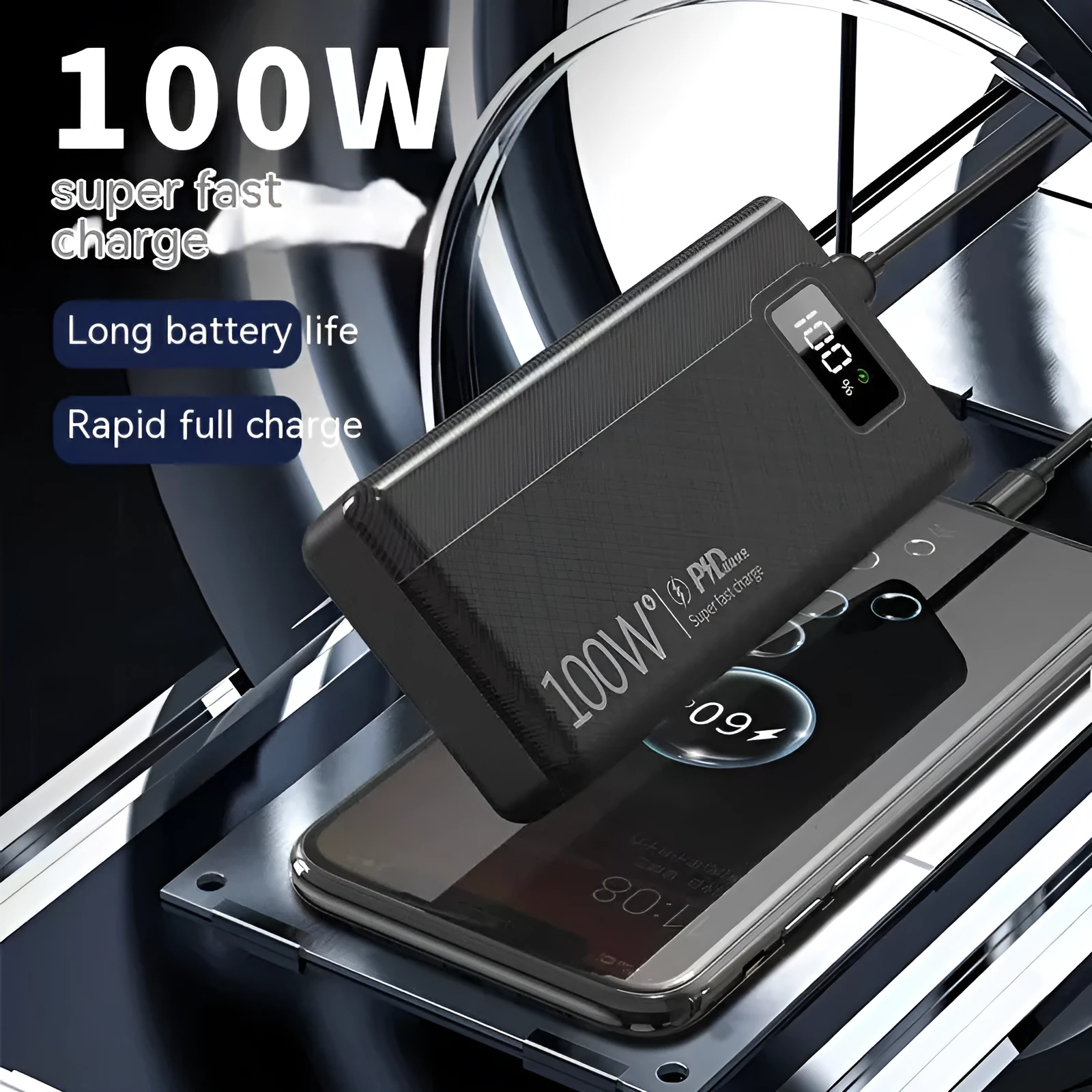 Black and white large capacity power bank showing front view with dimensions 150mm by 76mm