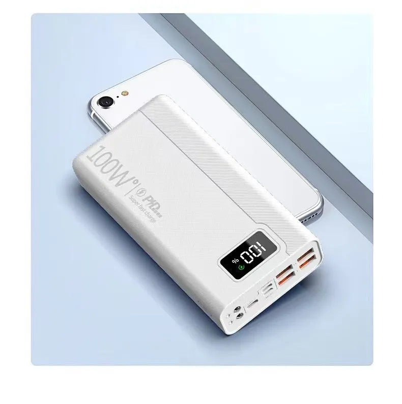 Black and white large capacity power bank showing front view with dimensions 150mm by 76mm