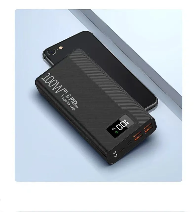 Black and white large capacity power bank showing front view with dimensions 150mm by 76mm
