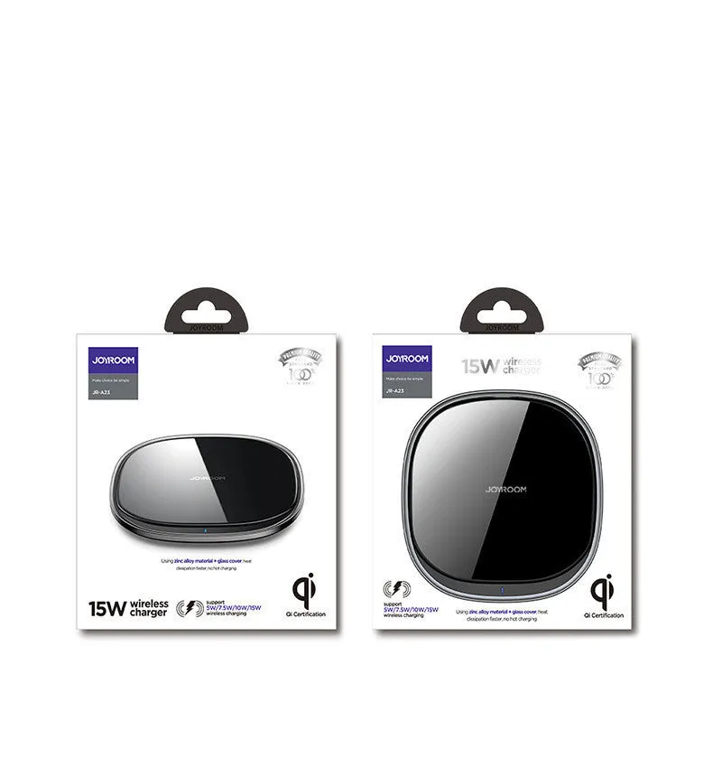 Square black 15W wireless charging pad with glass top and thin zinc alloy frame on a wooden desk